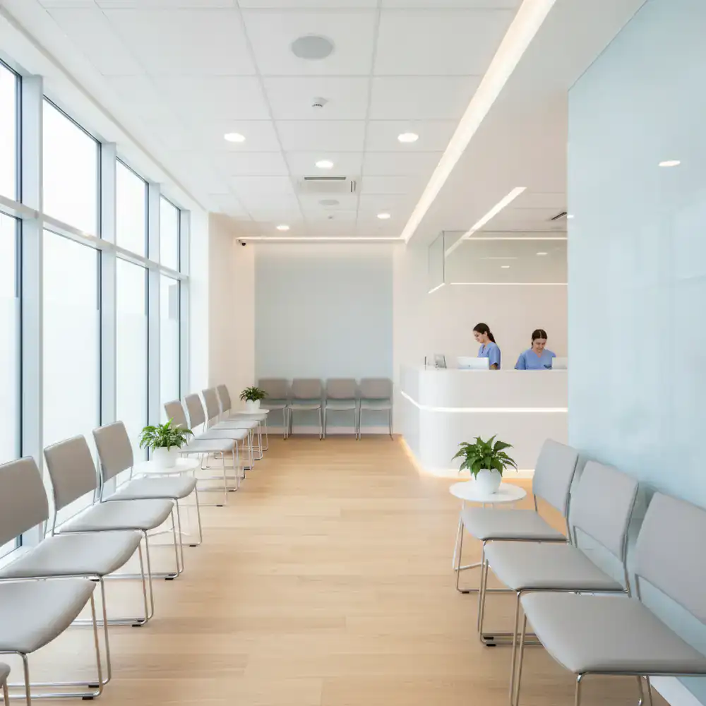 A bright, sterile medical clinic waiting room