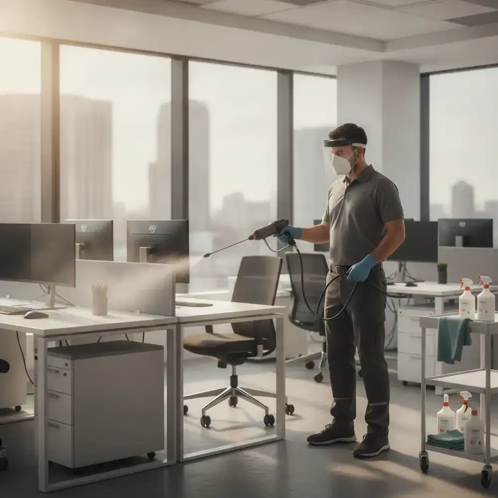 Professional cleaner sanitizing a commercial workspace