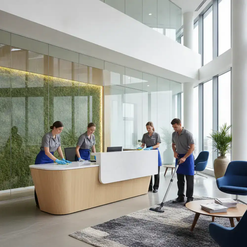 Professional cleaning staff maintaining a modern office reception area