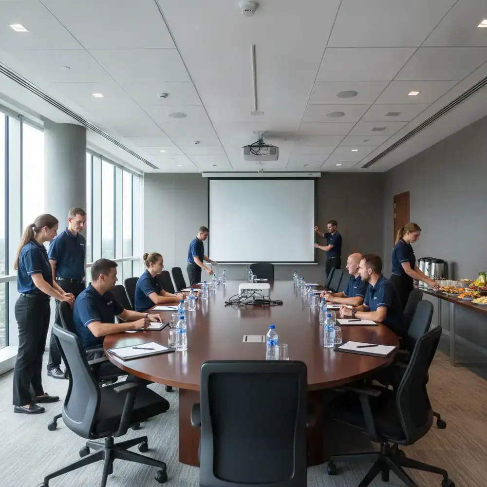 OfficeShine staff organizing a corporate meeting room