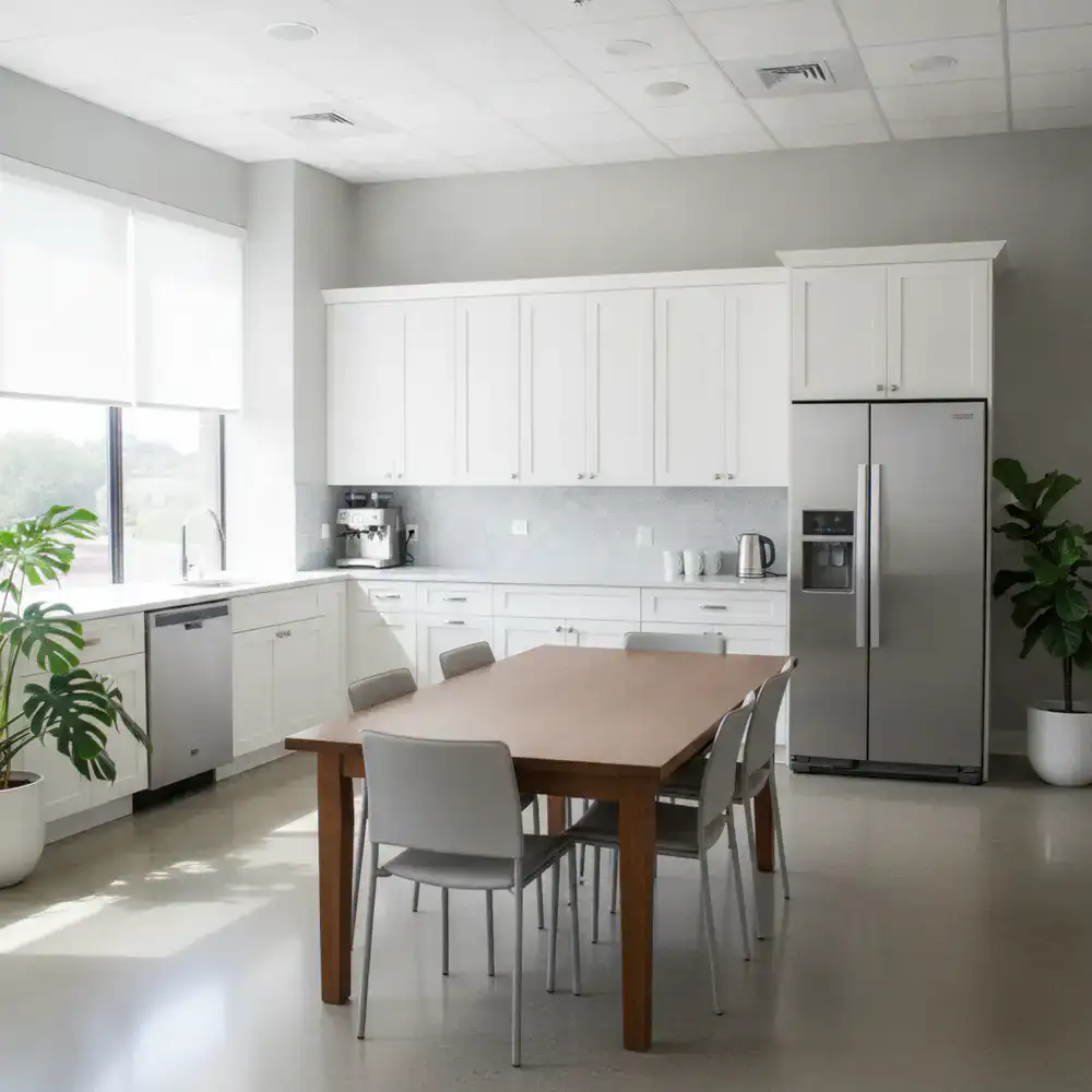 Immaculate office breakroom with wiped down counters and clean floors