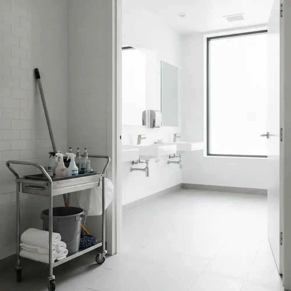 Professional cleaning cart next to a sanitized commercial restroom